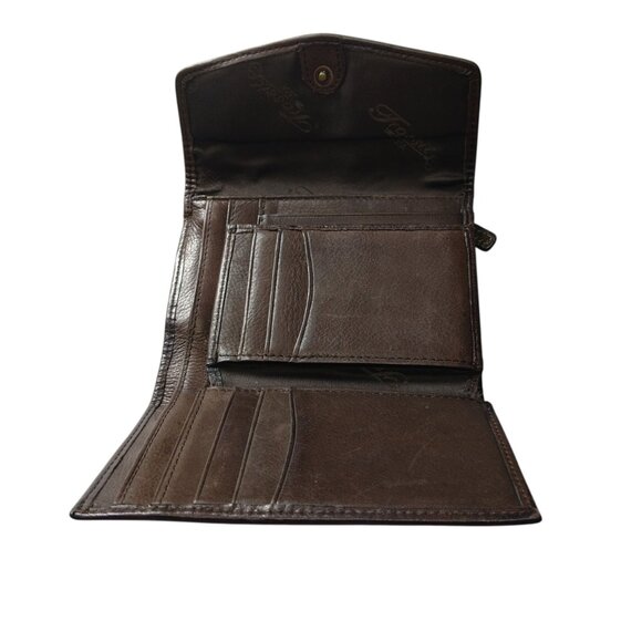 FOSSIL Brown Striped Chevron Embossed Tri-Fold Leather Wallet Snap Flap Vintage - Picture 3 of 6